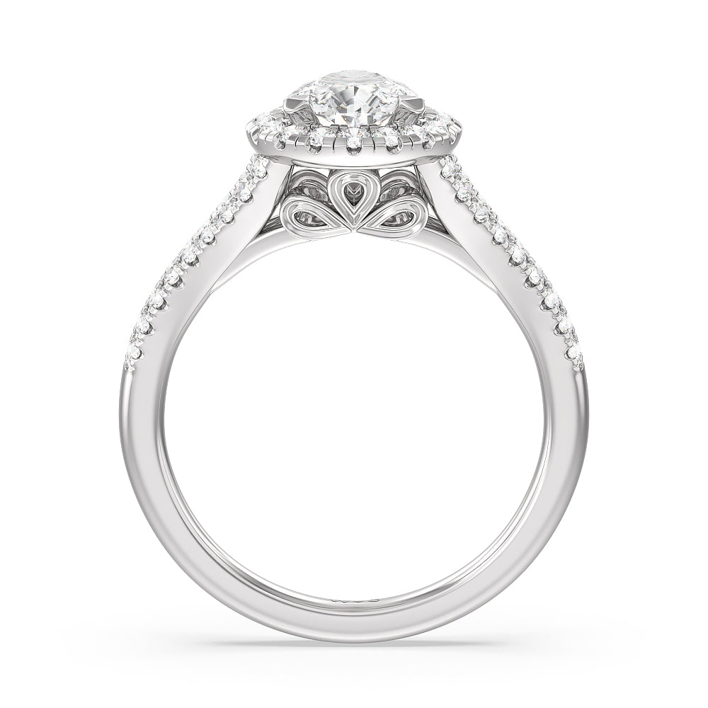 Split Shank Cathedral Halo Engagement Ring with Pear Cut Diamond in 14KT Platinum view 2