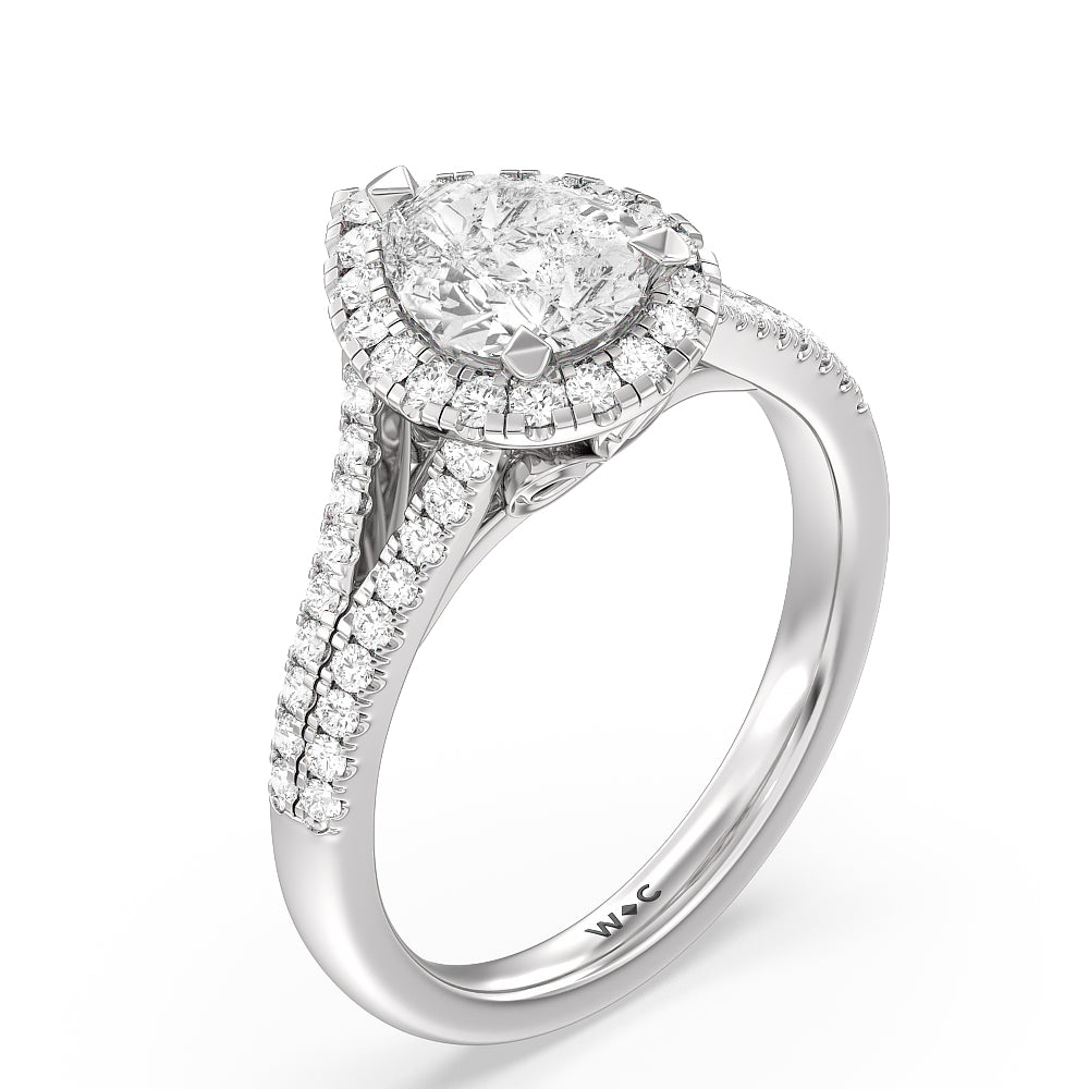 Split Shank Cathedral Halo Engagement Ring with Pear Cut Diamond in 14KT Platinum view 3