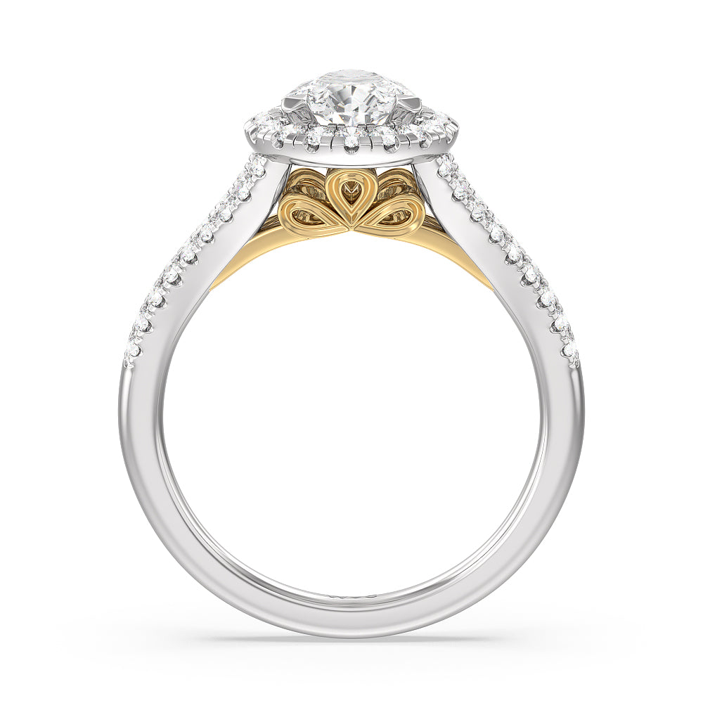 Split Shank Cathedral Halo Engagement Ring with Pear Cut Diamond in 14KT White & Yellow Gold view 2