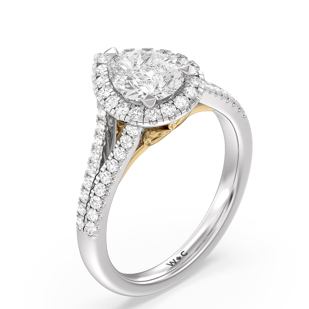 Split Shank Cathedral Halo Engagement Ring with Pear Cut Diamond in 14KT White & Yellow Gold view 3