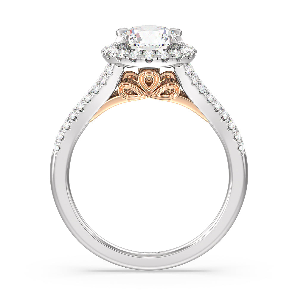 Split Shank Cathedral Halo Engagement Ring with Round Cut Diamond in 14KT White & Rose Gold view 2