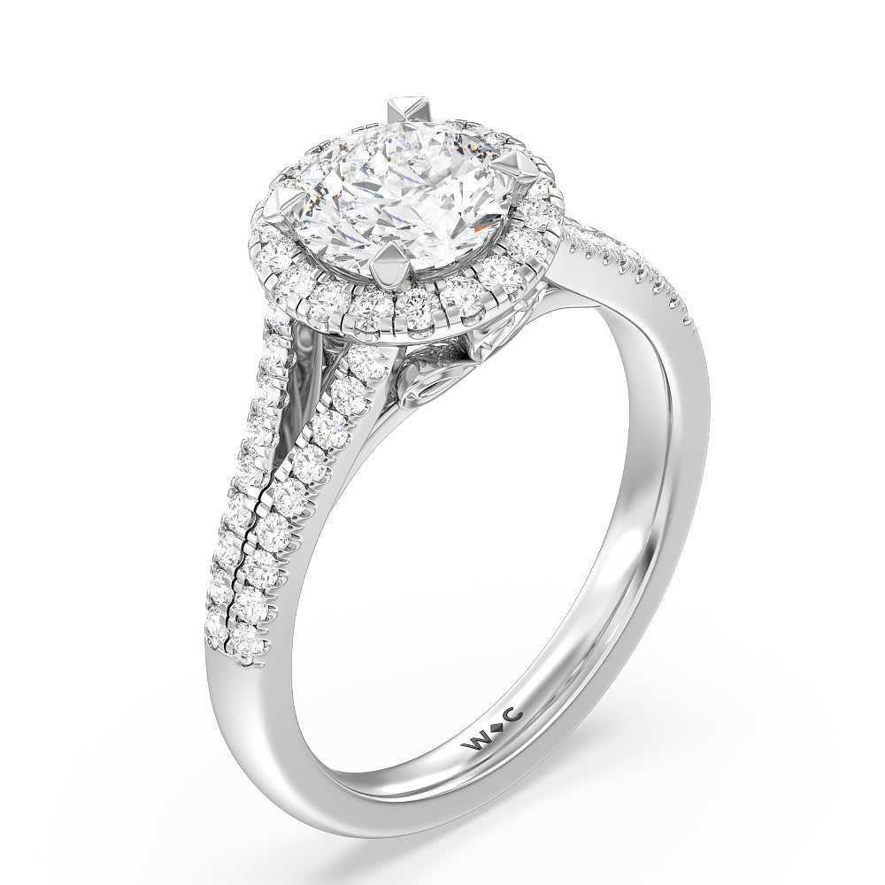 Split Shank Cathedral Halo Engagement Ring with Round Cut Diamond in 14KT Platinum view 3