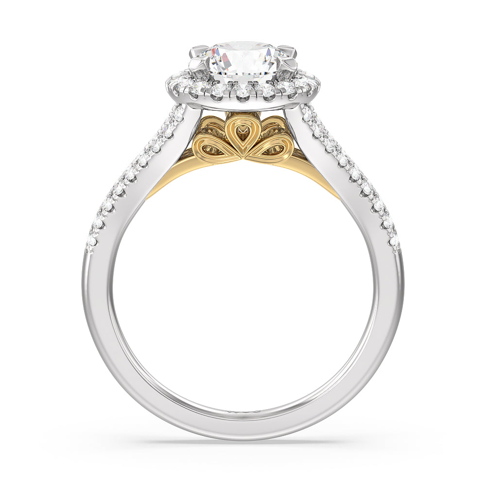 Split Shank Cathedral Halo Engagement Ring with Round Cut Diamond in 14KT White & Yellow Gold view 2