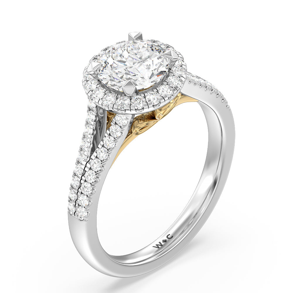 Split Shank Cathedral Halo Engagement Ring with Round Cut Diamond in 14KT White & Yellow Gold view 3
