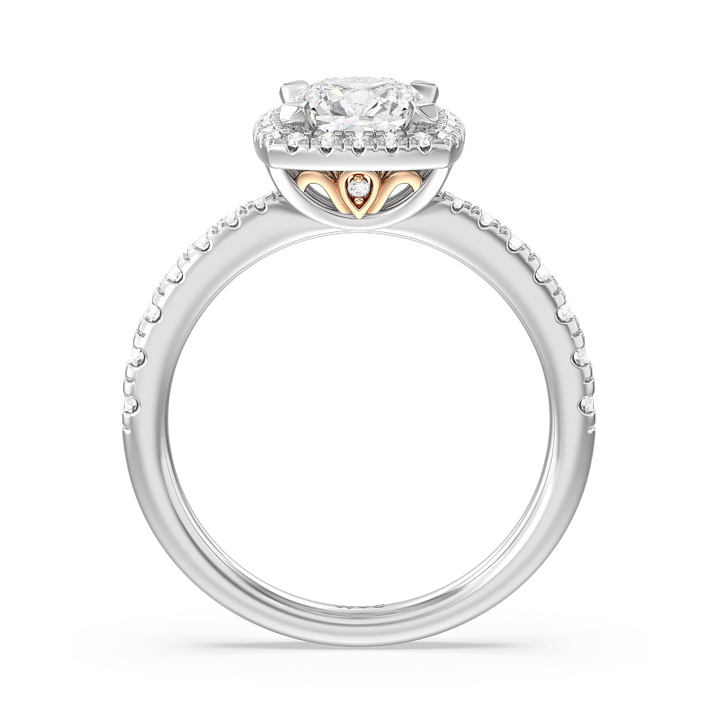 Tapered Cushion Halo Engagement Ring with Cushion Cut Diamond in 14KT White & Rose Gold view 2