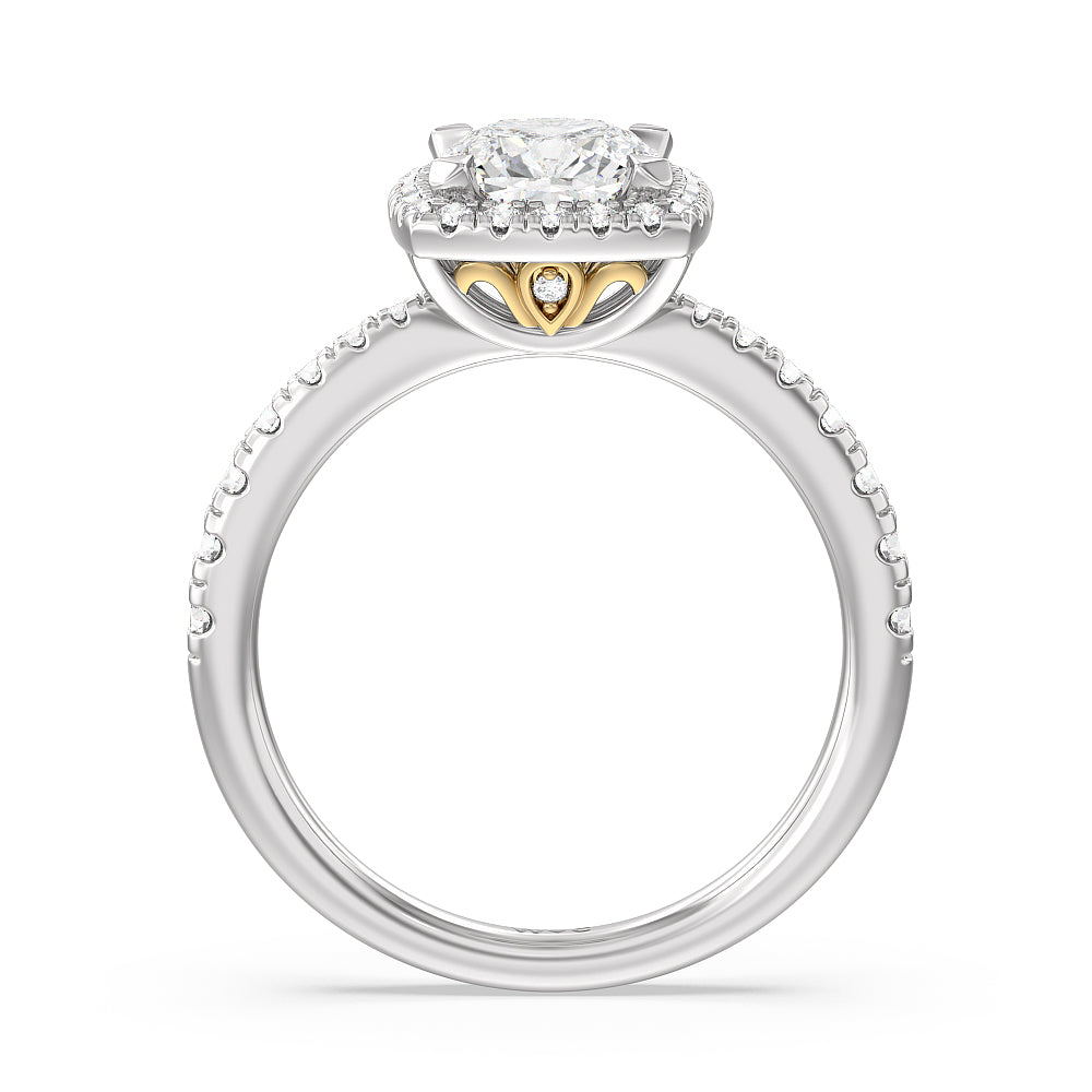 Tapered Cushion Halo Engagement Ring with Cushion Cut Diamond in 14KT White & Yellow Gold view 2