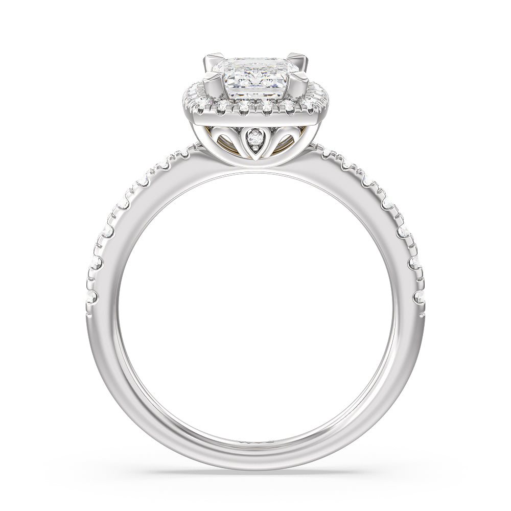 Tapered Cushion Halo Engagement Ring with Emerald Cut Diamond in 14KT Platinum view 2