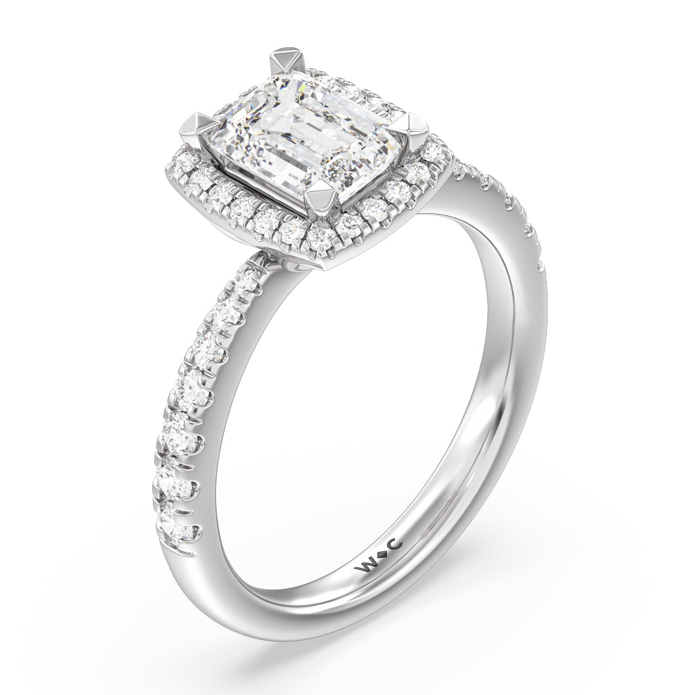 Tapered Cushion Halo Engagement Ring with Emerald Cut Diamond in 14KT Platinum view 3