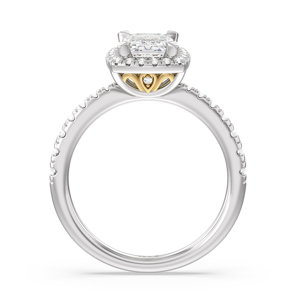 Tapered Cushion Halo Engagement Ring with Emerald Cut Diamond in 14KT White & Yellow Gold view 2