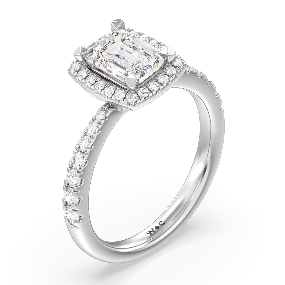 Tapered Cushion Halo Engagement Ring with Emerald Cut Diamond in 14KT White & Yellow Gold view 3