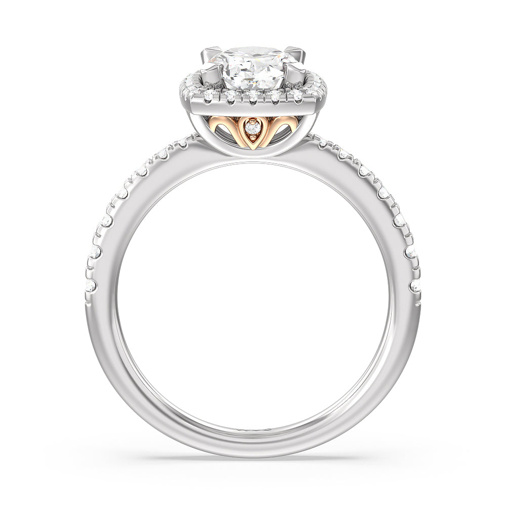 Tapered Cushion Halo Engagement Ring with Oval Cut Diamond in 14KT White & Rose Gold view 2