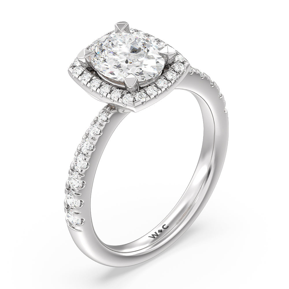 Tapered Cushion Halo Engagement Ring with Oval Cut Diamond in 14KT White & Rose Gold view 3