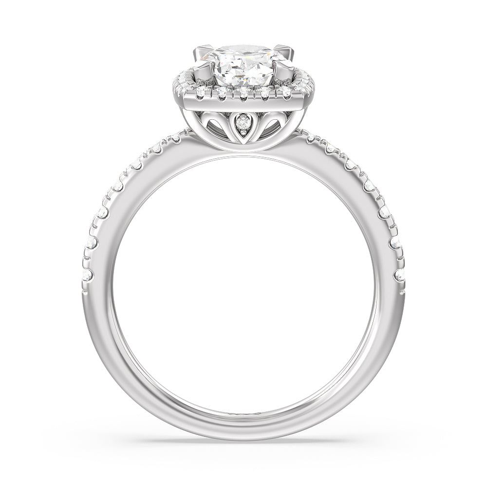 Tapered Cushion Halo Engagement Ring with Oval Cut Diamond in 14KT Platinum view 2