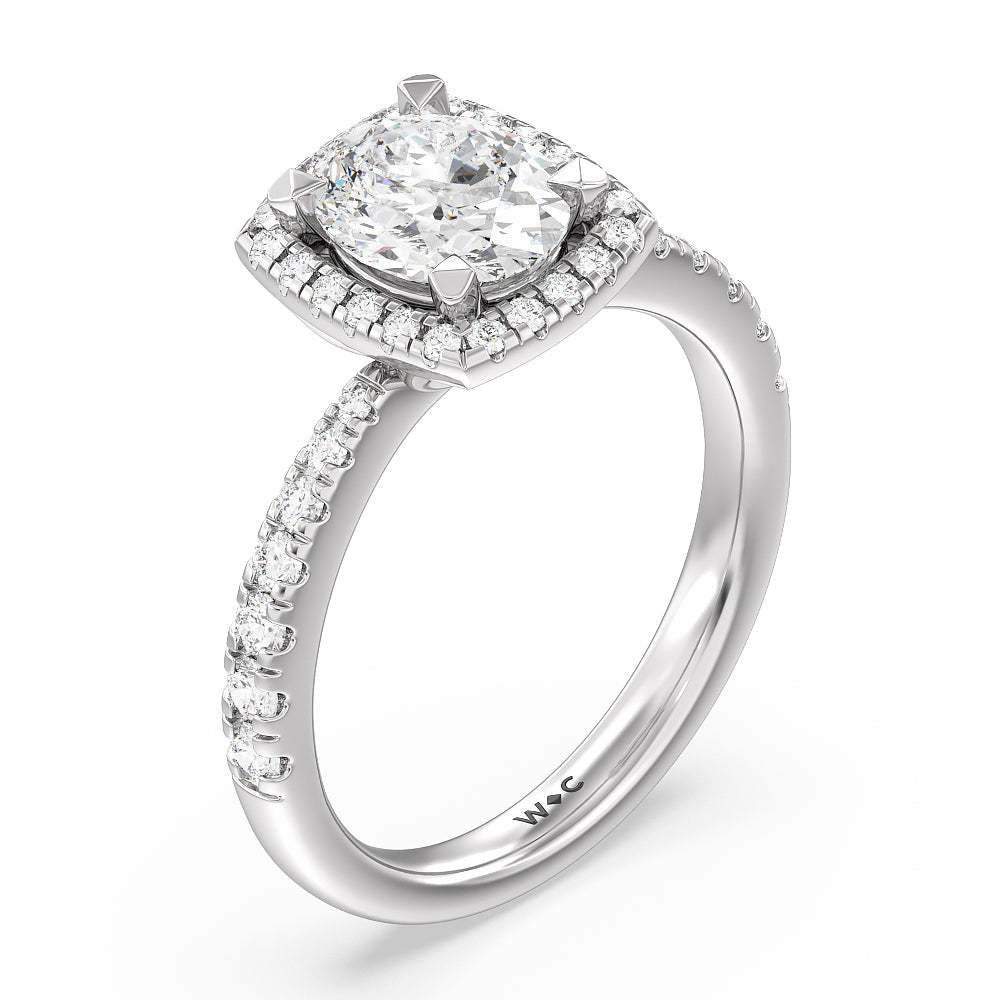 Tapered Cushion Halo Engagement Ring with Oval Cut Diamond in 14KT Platinum view 3