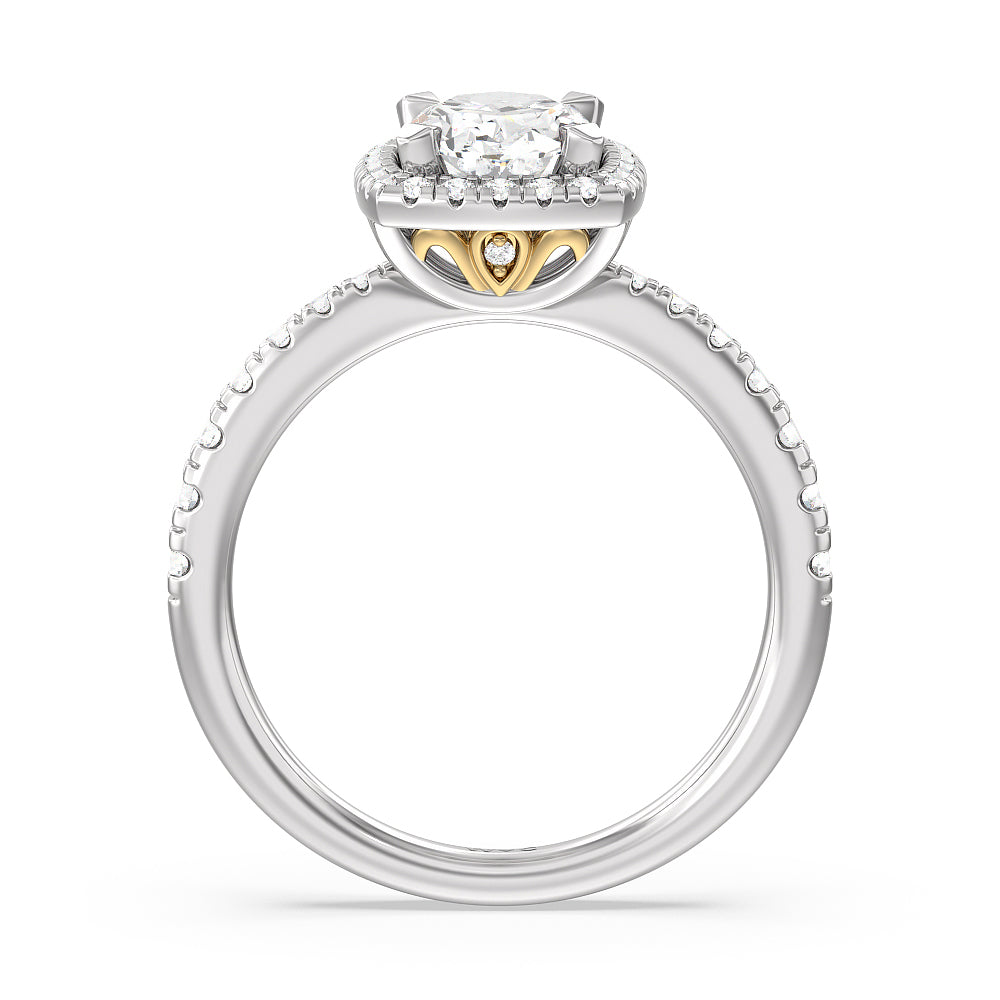 Tapered Cushion Halo Engagement Ring with Oval Cut Diamond in 14KT White & Yellow Gold view 2