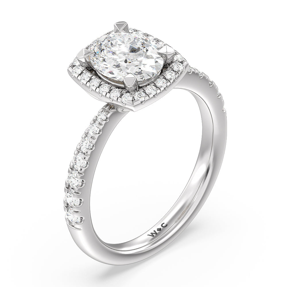 Tapered Cushion Halo Engagement Ring with Oval Cut Diamond in 14KT White & Yellow Gold view 3