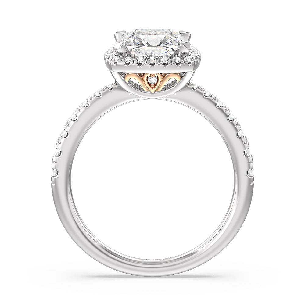 Tapered Cushion Halo Engagement Ring with Princess Cut Diamond in 14KT White & Rose Gold view 2