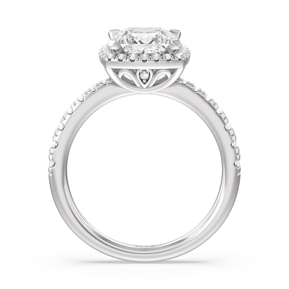 Tapered Cushion Halo Engagement Ring with Princess Cut Diamond in 14KT Platinum view 2