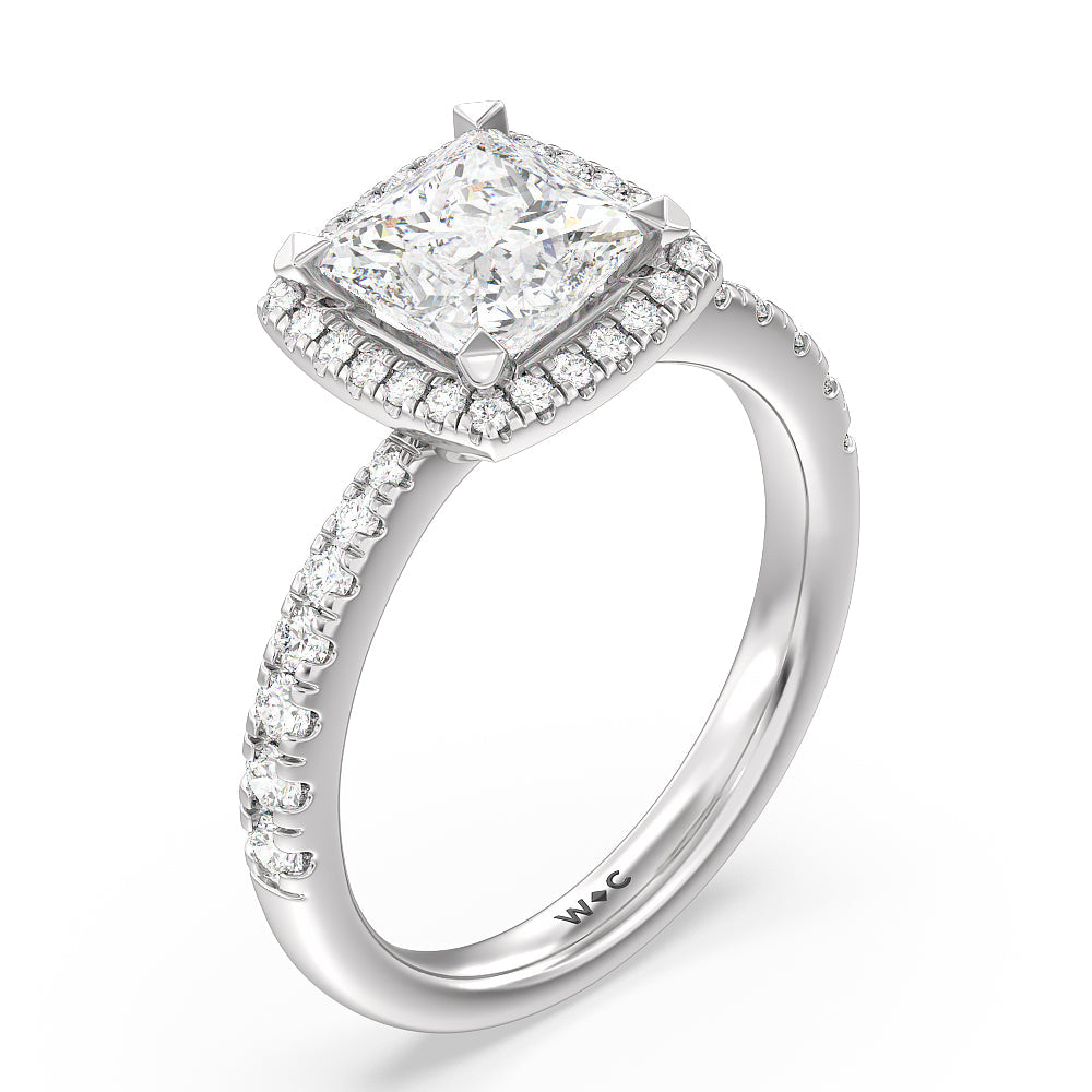 Tapered Cushion Halo Engagement Ring with Princess Cut Diamond in 14KT Platinum view 3