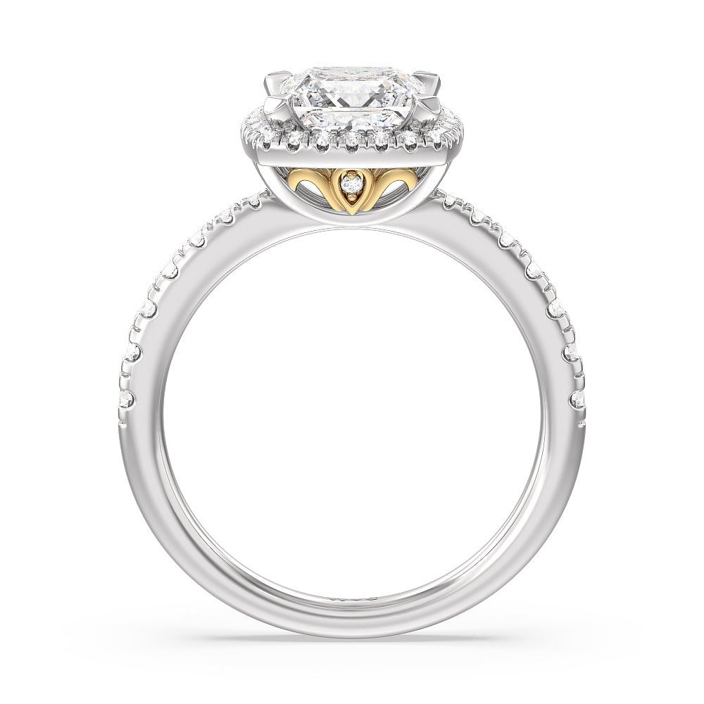 Tapered Cushion Halo Engagement Ring with Princess Cut Diamond in 14KT White & Yellow Gold view 2