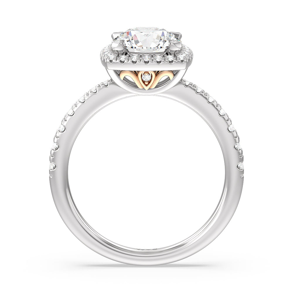 Tapered Cushion Halo Engagement Ring with Round Cut Diamond in 14KT White & Rose Gold view 2
