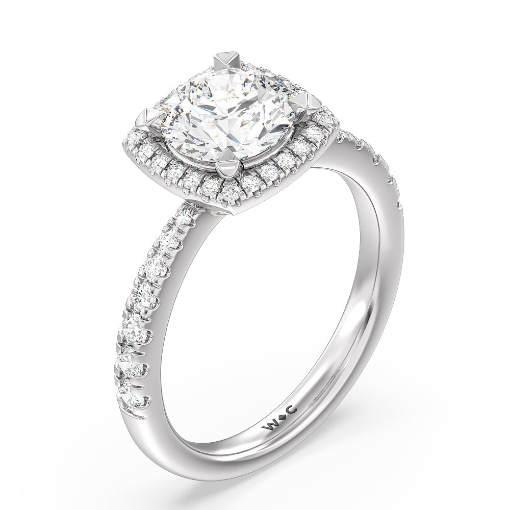 Tapered Cushion Halo Engagement Ring with Round Cut Diamond in 14KT White & Rose Gold view 3