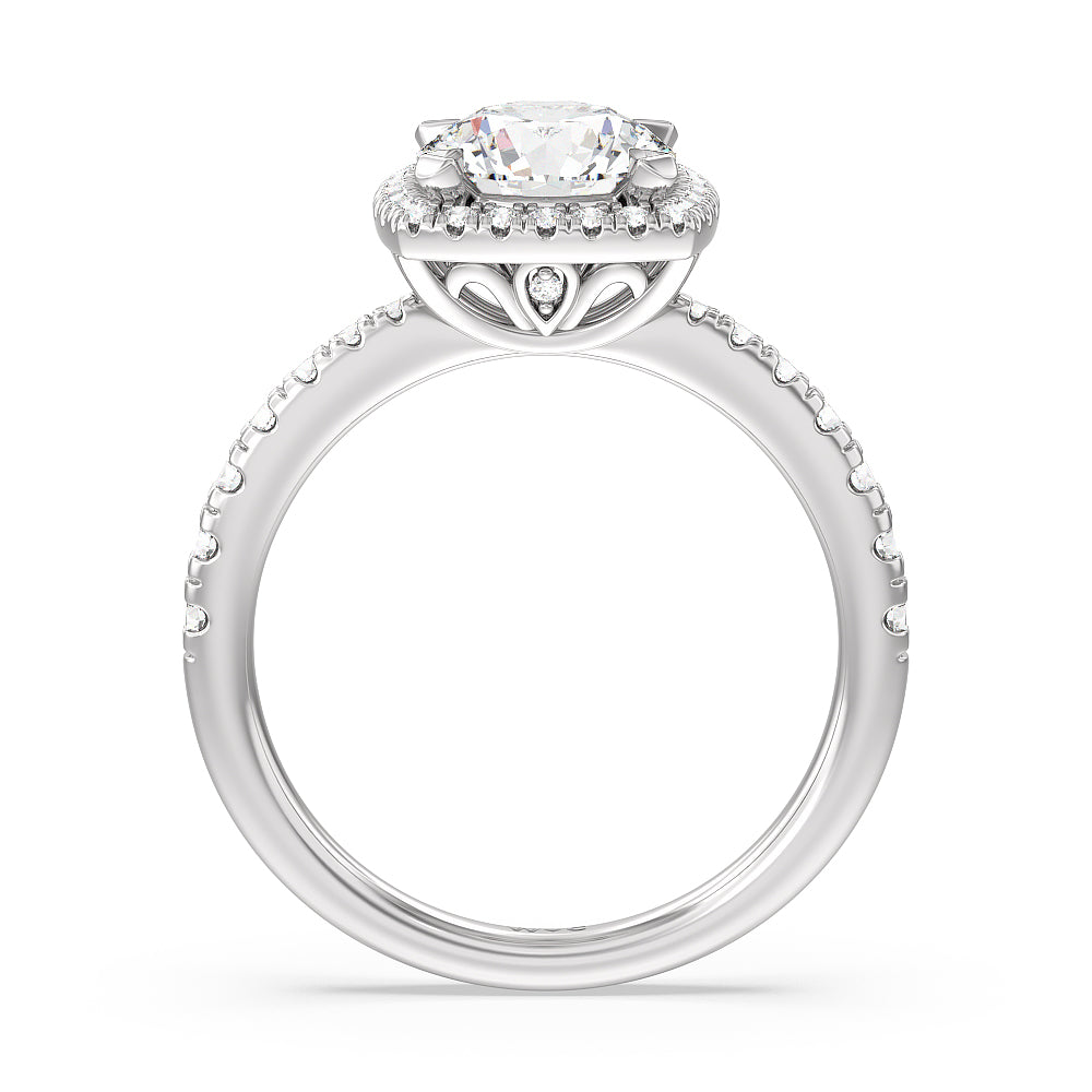 Tapered Cushion Halo Engagement Ring with Round Cut Diamond in 14KT Platinum view 2
