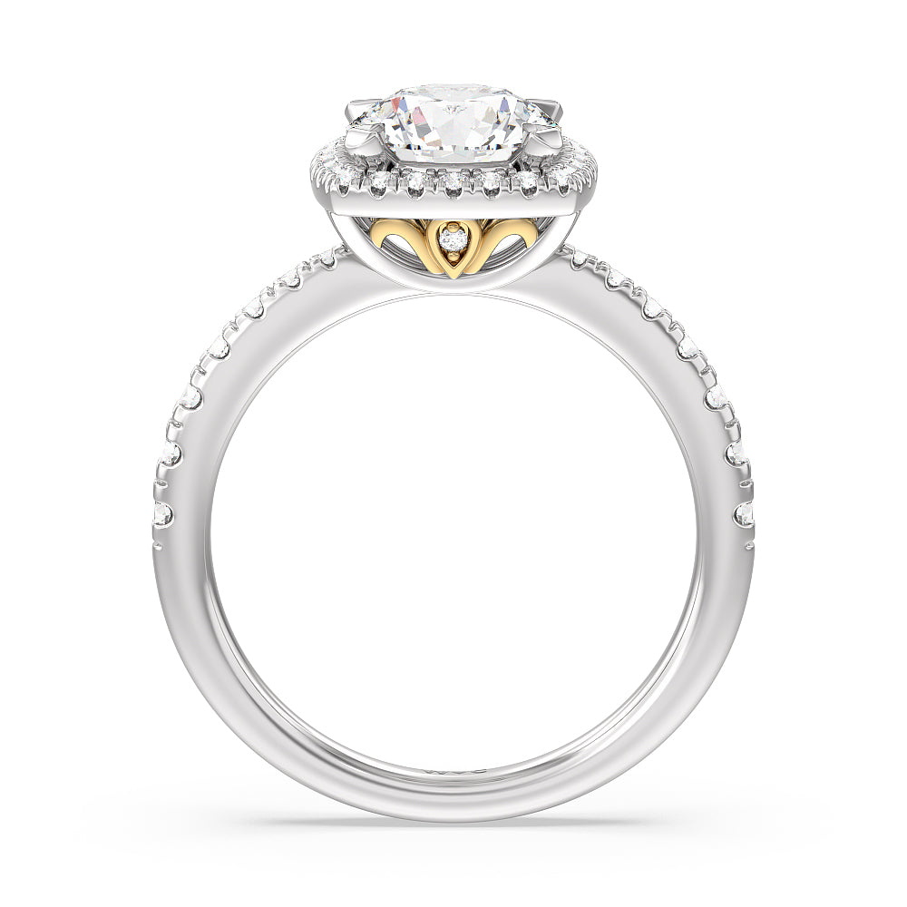 Tapered Cushion Halo Engagement Ring with Round Cut Diamond in 14KT White & Yellow Gold view 2