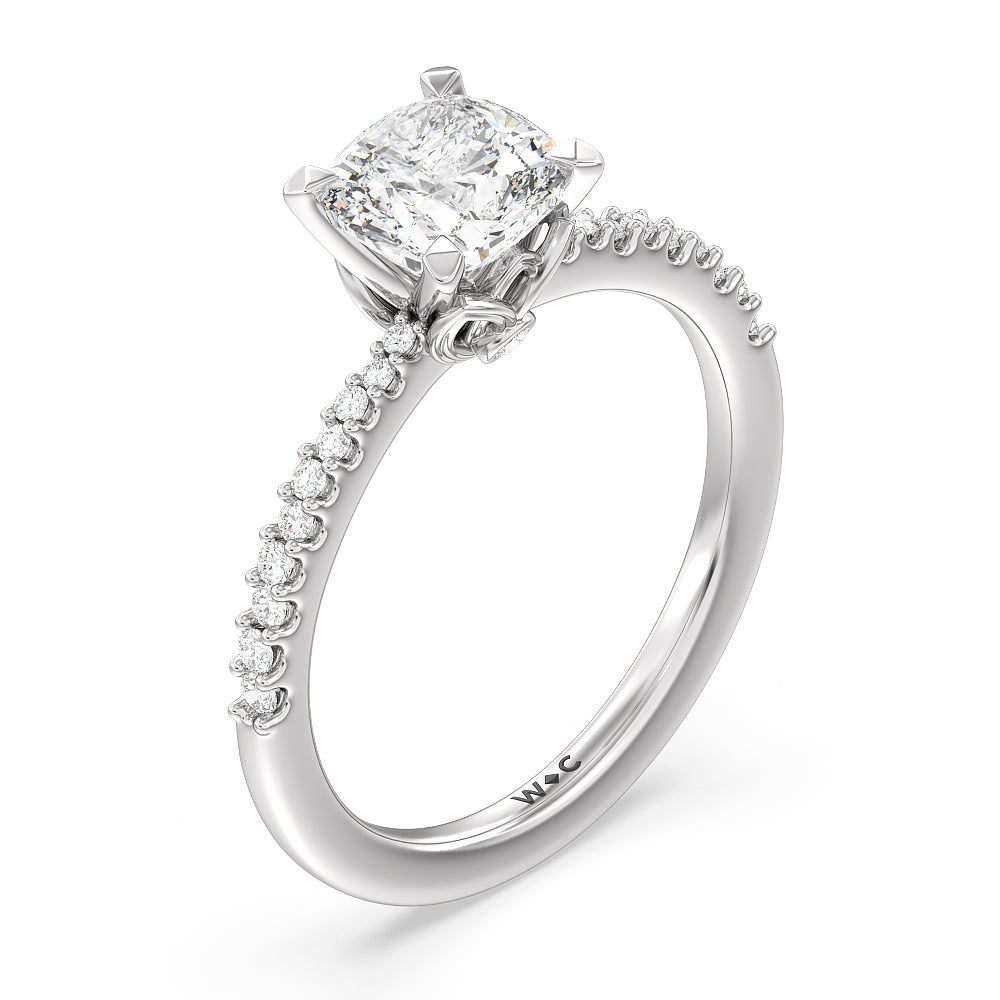 Cushion Cut Petal Hidden Accent Pave Engagement Ring with Lab Grown Diamond in 14KT Platinum view 3