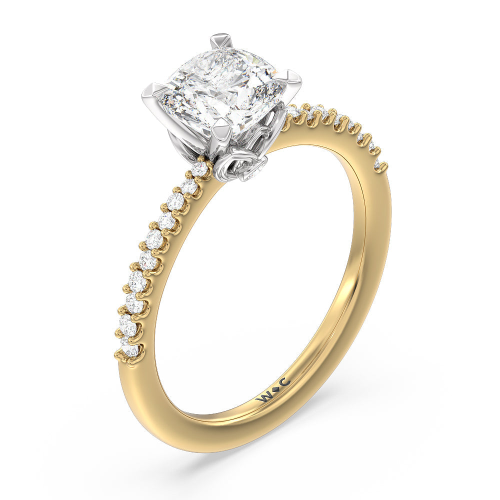 Cushion Cut Petal Hidden Accent Pave Engagement Ring with Lab Grown Diamond in 14KT White & Yellow Gold view 3