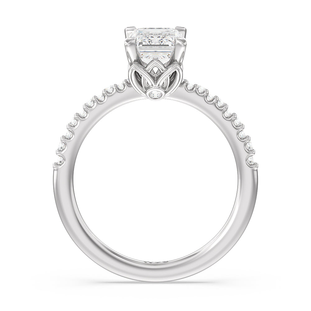 Emerald Cut Petal Hidden Accent Pave Engagement Ring with Lab Grown Diamond in 14KT Platinum view 2