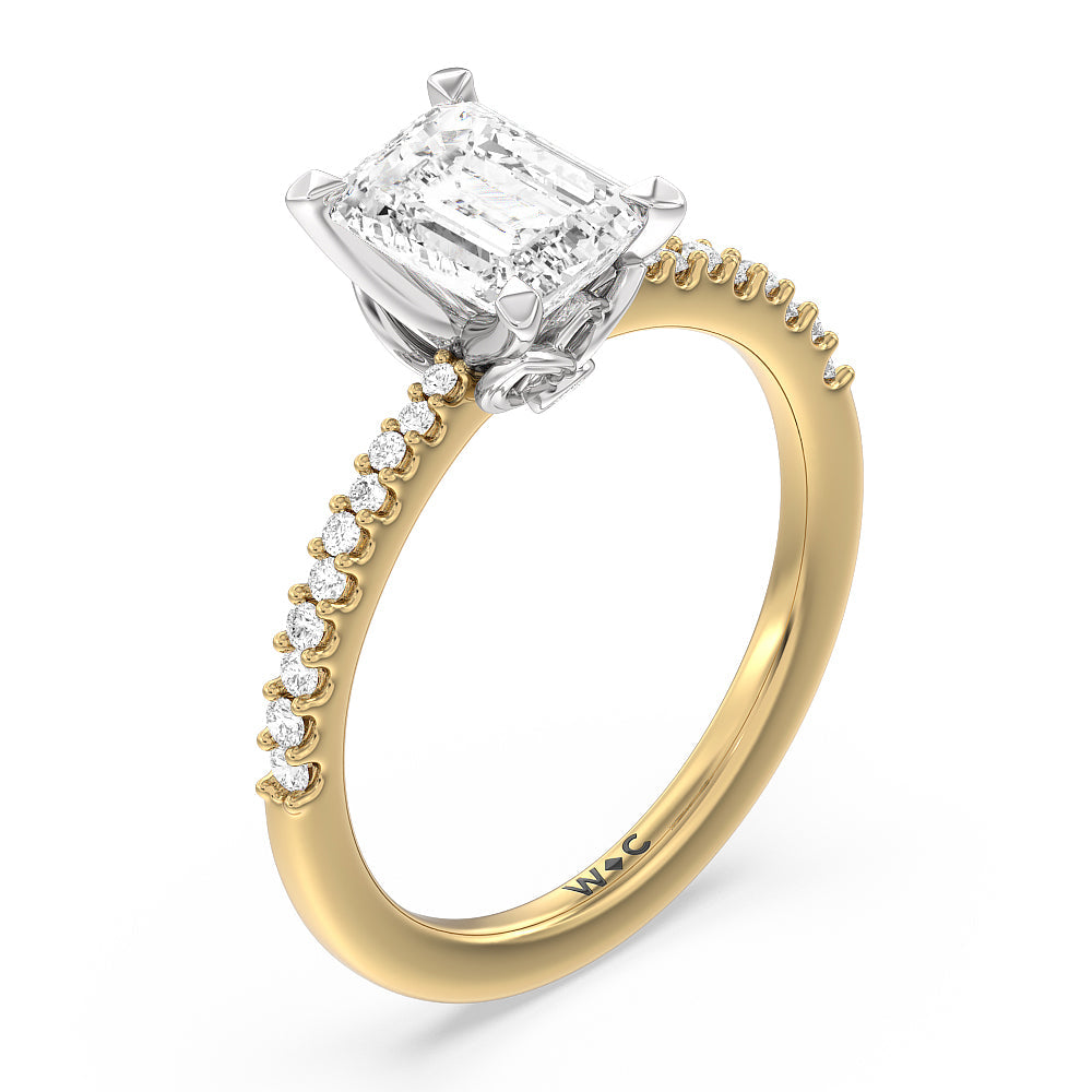 Emerald Cut Petal Hidden Accent Pave Engagement Ring with Lab Grown Diamond in 14KT White & Yellow Gold view 3