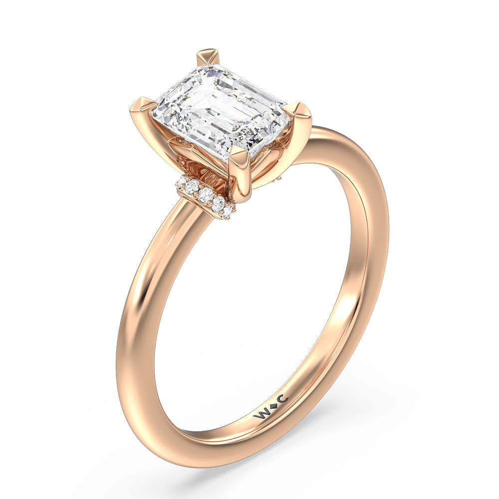 Diamond Collar Fine Line Engagement Ring with Emerald Cut Diamond in 14KT Rose Gold view 3