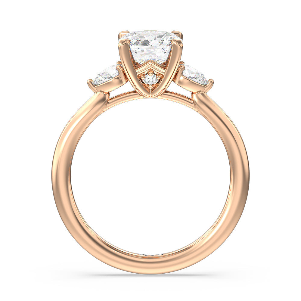 Fine Line Pear Three Stone Engagement Ring with Cushion Cut Diamond in 14KT Rose Gold view 2