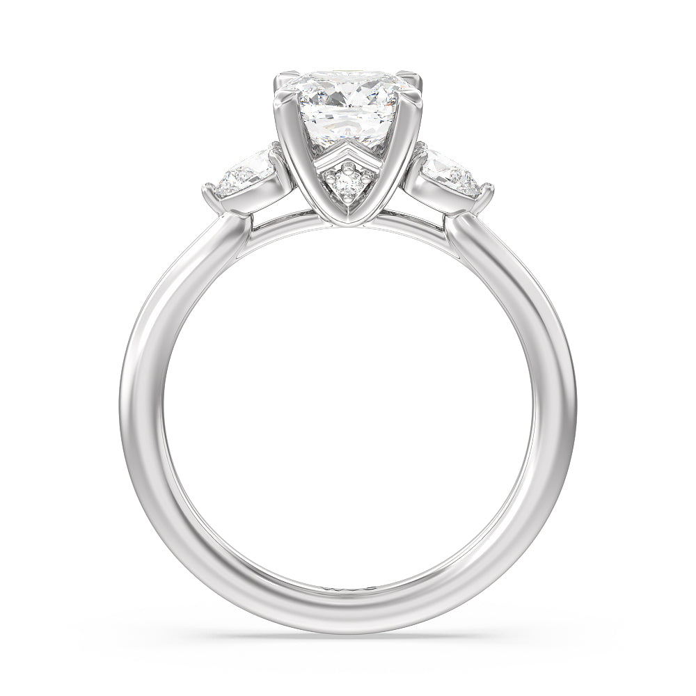 Fine Line Pear Three Stone Engagement Ring with Cushion Cut Diamond in 14KT Platinum view 2