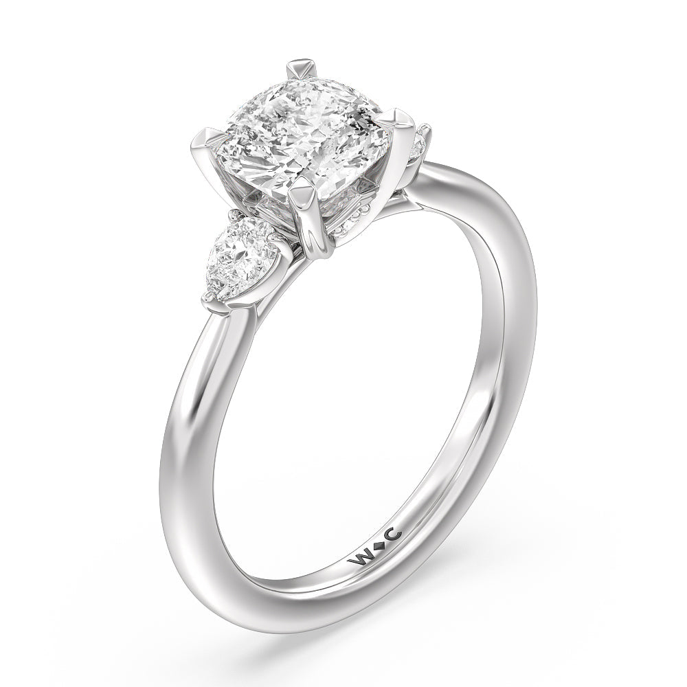 Fine Line Pear Three Stone Engagement Ring with Cushion Cut Diamond in 14KT Platinum view 3