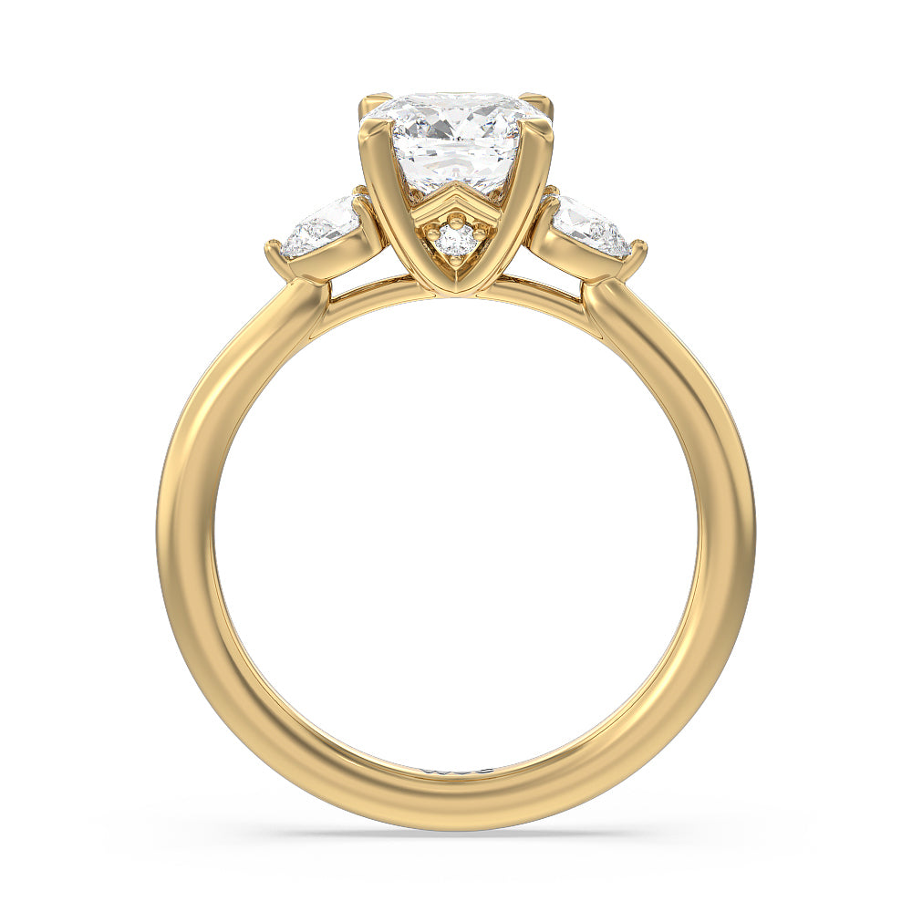 Fine Line Pear Three Stone Engagement Ring with Cushion Cut Diamond in 14KT Yellow Gold view 2