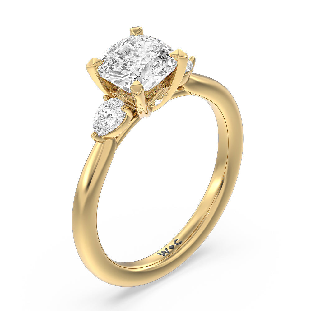 Fine Line Pear Three Stone Engagement Ring with Cushion Cut Diamond in 14KT Yellow Gold view 3