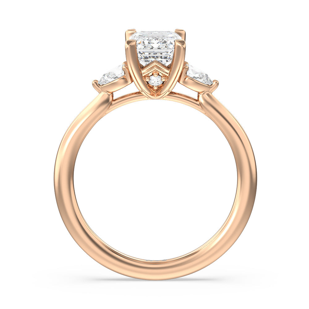 Fine Line Pear Three Stone Engagement Ring with Emerald Cut Diamond in 14KT Rose Gold view 2