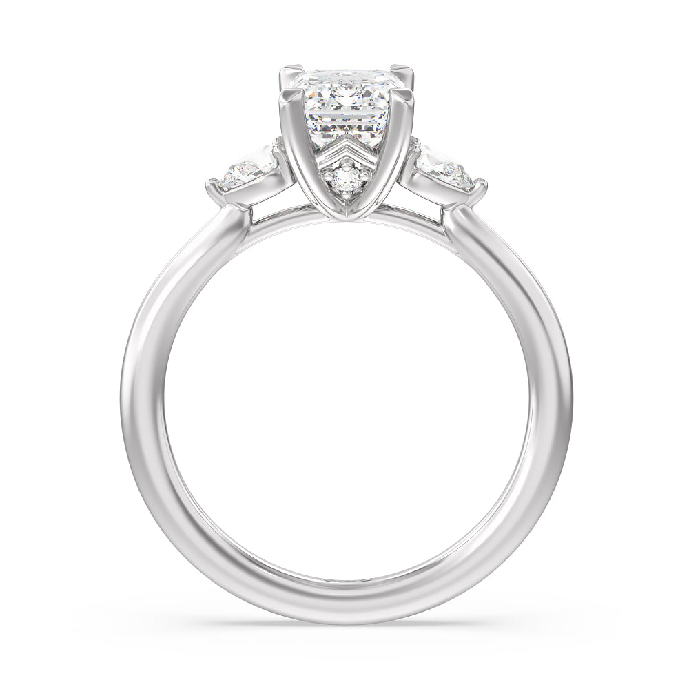 Fine Line Pear Three Stone Engagement Ring with Emerald Cut Diamond in 14KT Platinum view 2