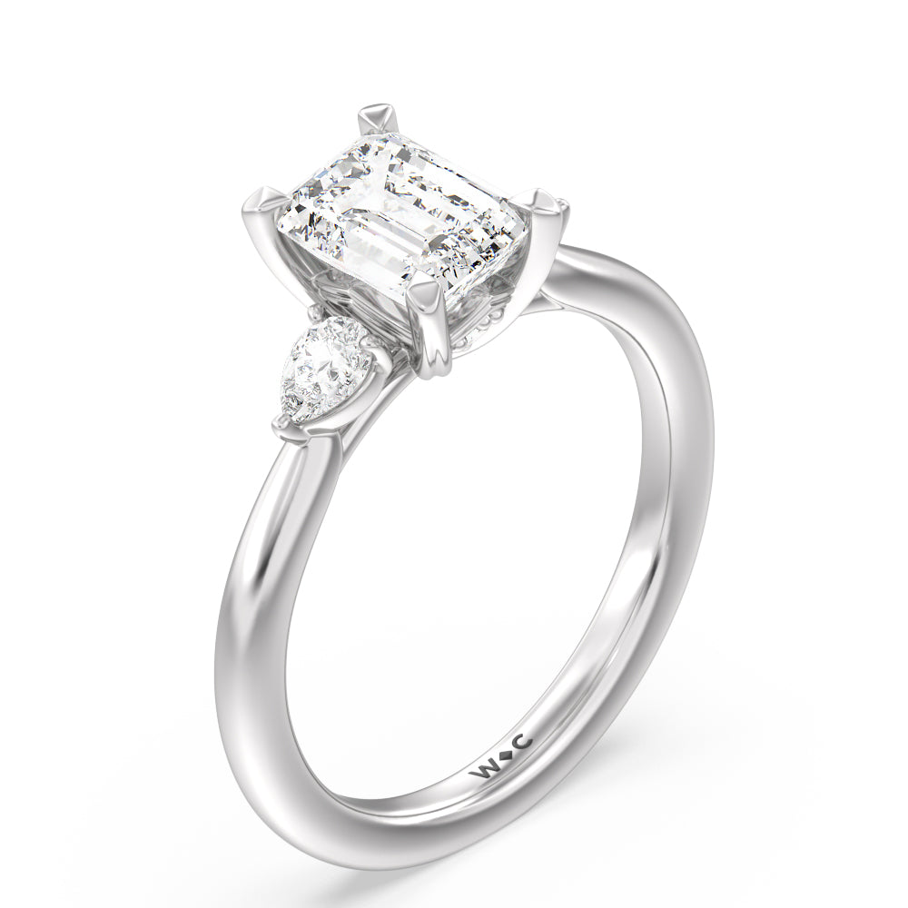 Fine Line Pear Three Stone Engagement Ring with Emerald Cut Diamond in 14KT Platinum view 3