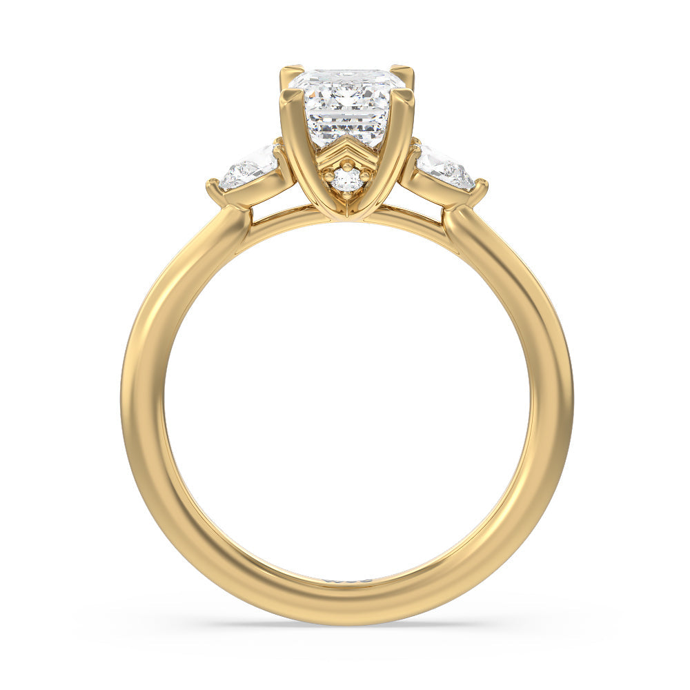 Fine Line Pear Three Stone Engagement Ring with Emerald Cut Diamond in 14KT Yellow Gold view 2