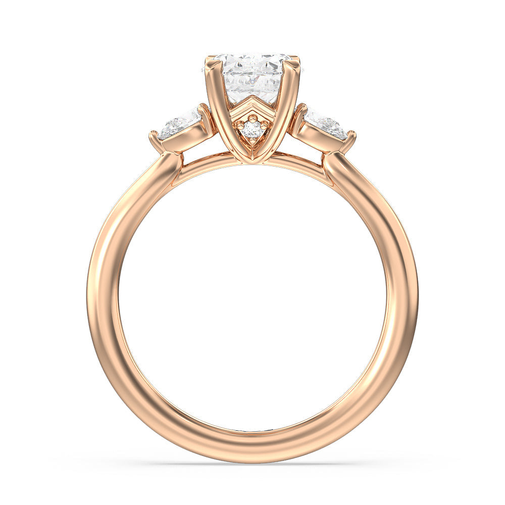 Fine Line Pear Three Stone Engagement Ring with Oval Cut Diamond in 14KT Rose Gold view 2