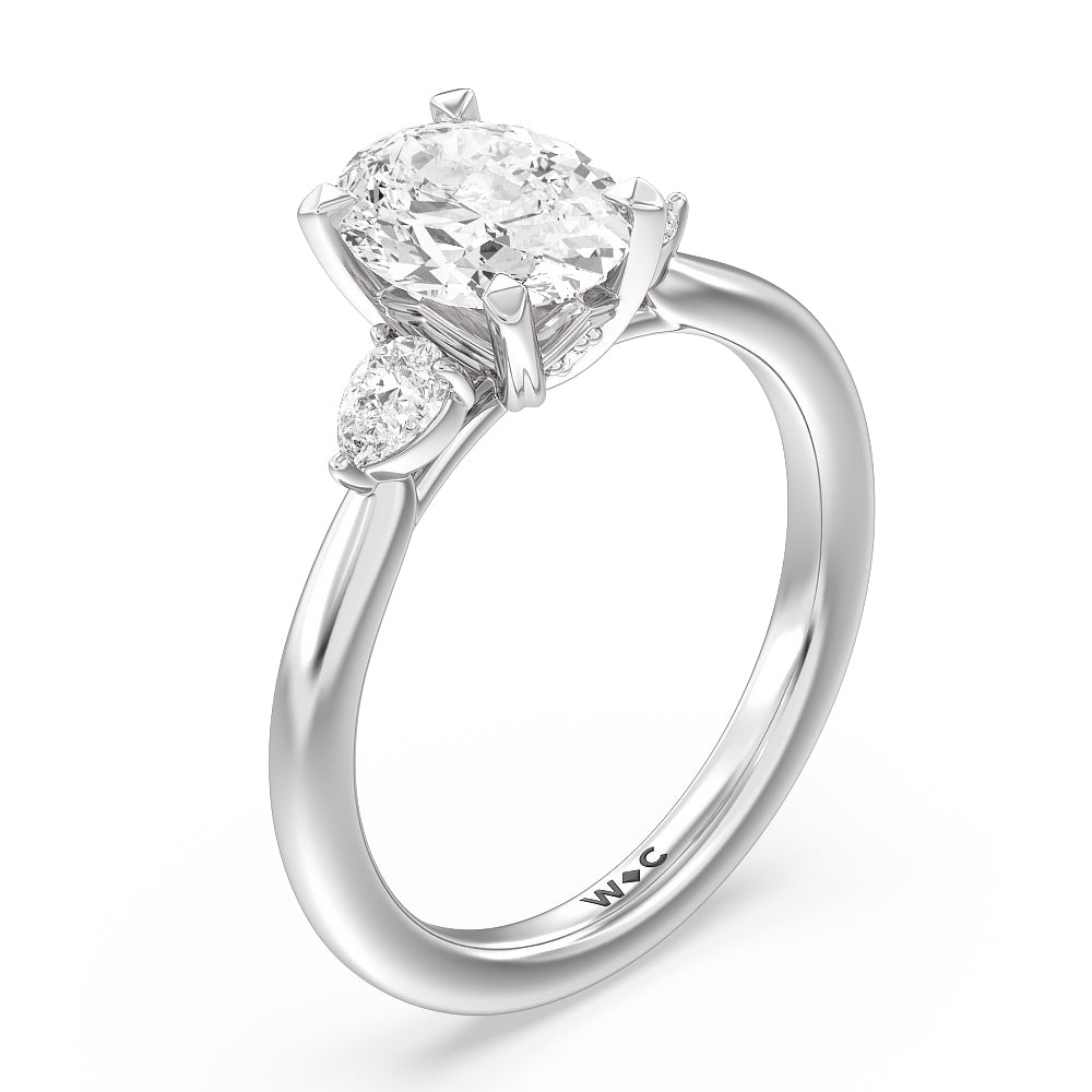 Fine Line Pear Three Stone Engagement Ring with Oval Cut Diamond in 14KT Platinum view 3