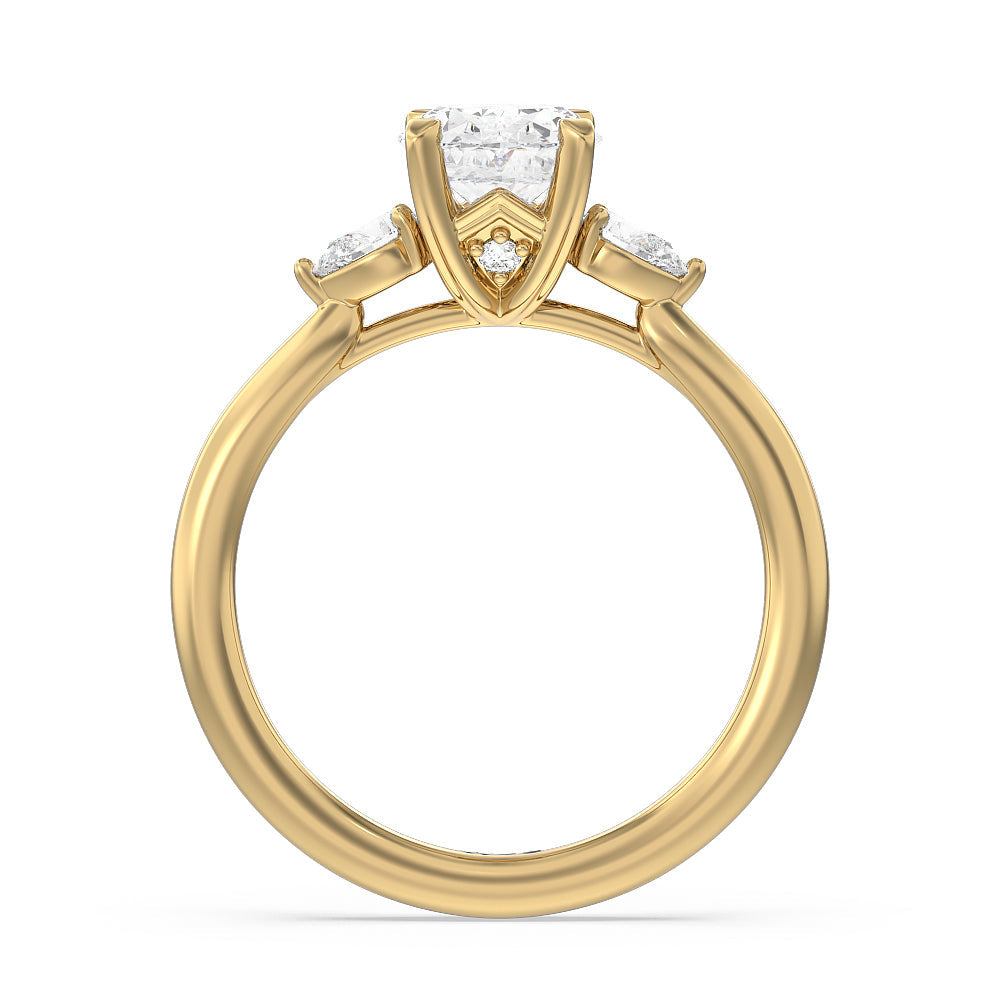 Fine Line Pear Three Stone Engagement Ring with Oval Cut Diamond in 14KT Yellow Gold view 2