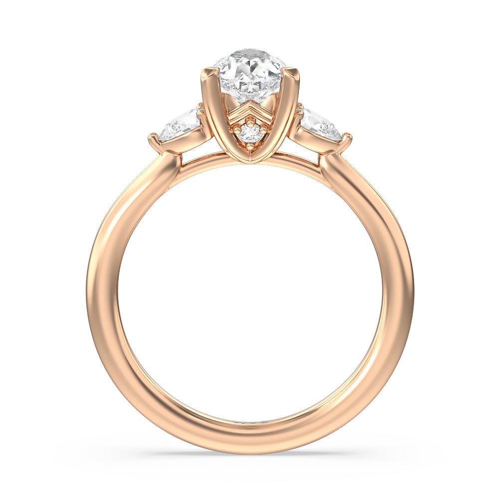 Fine Line Pear Three Stone Engagement Ring with Pear Cut Diamond in 14KT Rose Gold view 2