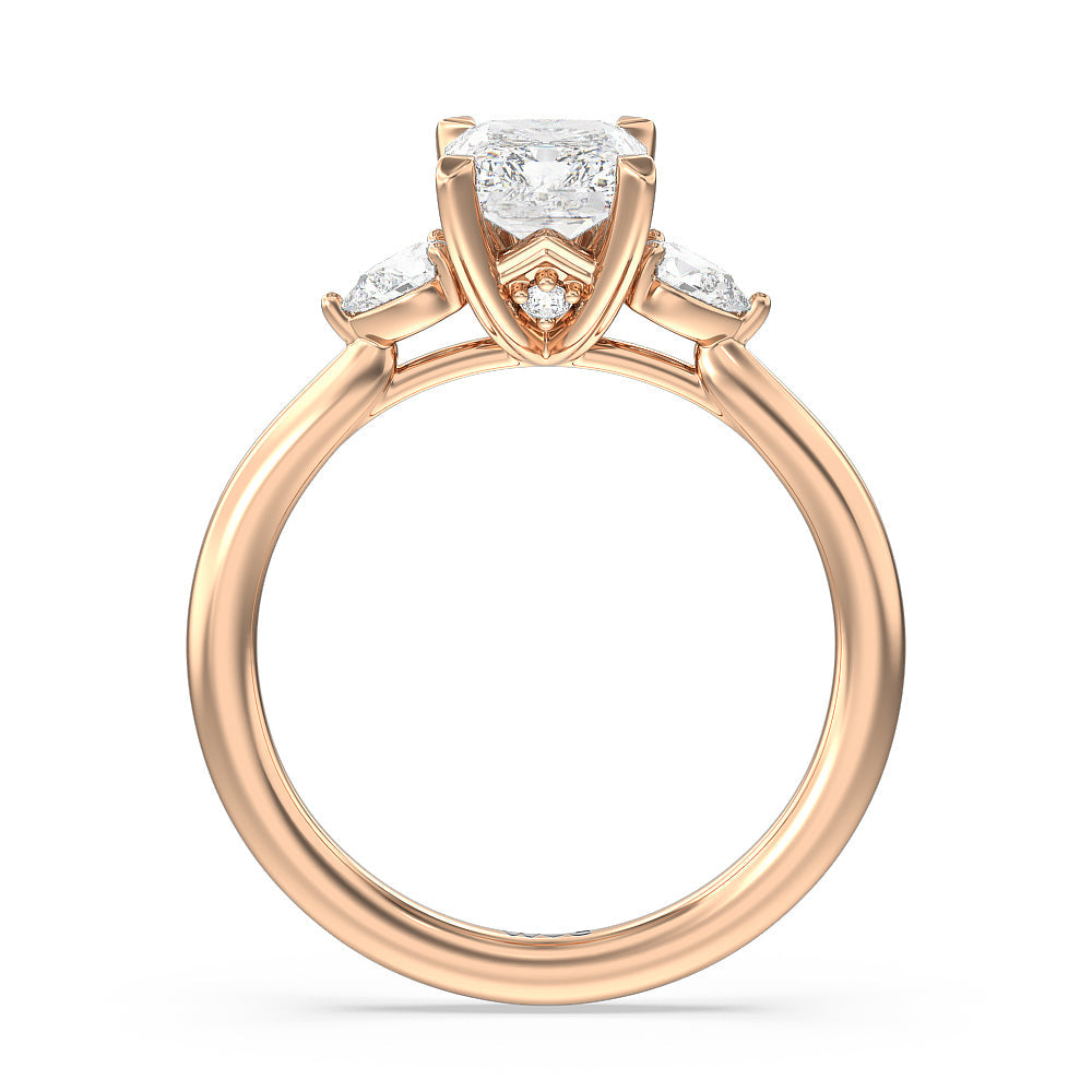 Fine Line Pear Three Stone Engagement Ring with Radiant Cut Diamond in 14KT Rose Gold view 2