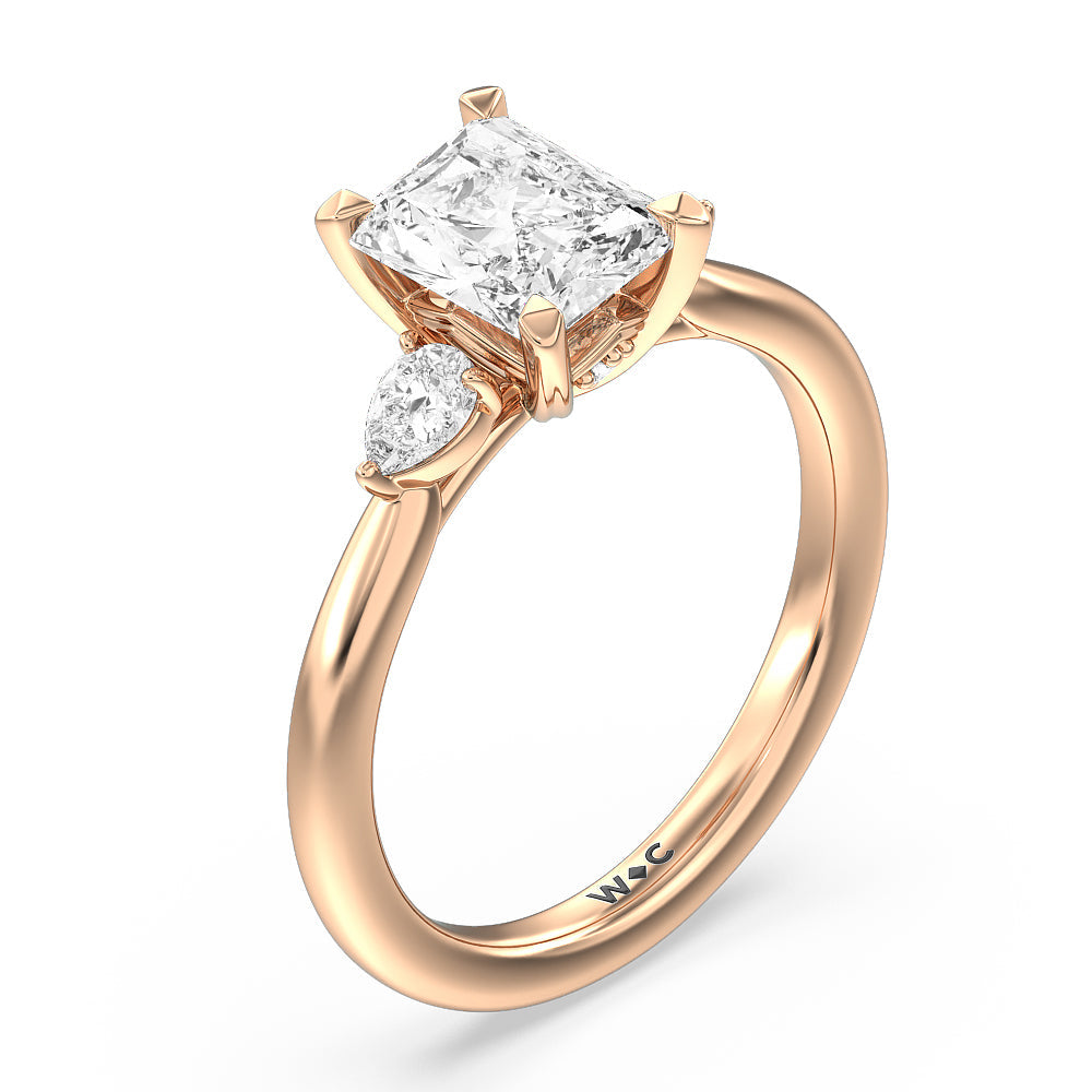 Fine Line Pear Three Stone Engagement Ring with Radiant Cut Diamond in 14KT Rose Gold view 3