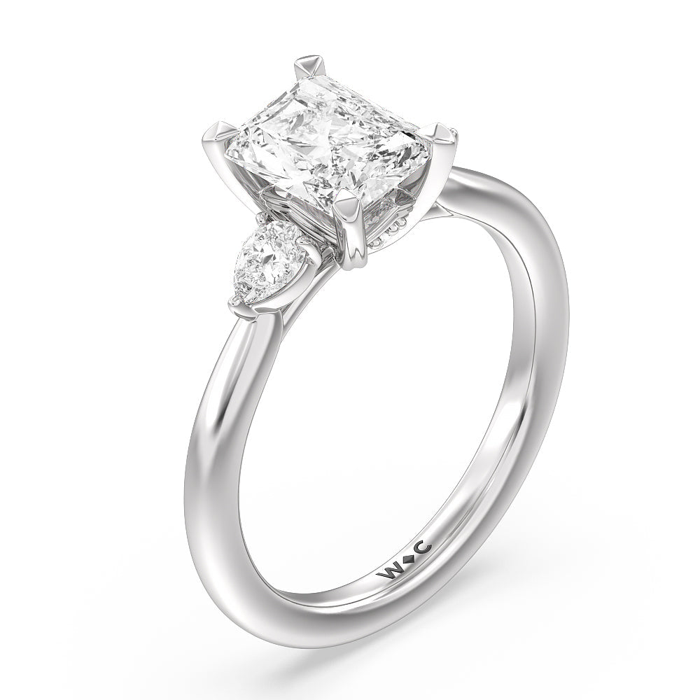 Fine Line Pear Three Stone Engagement Ring with Radiant Cut Diamond in 14KT Platinum view 3