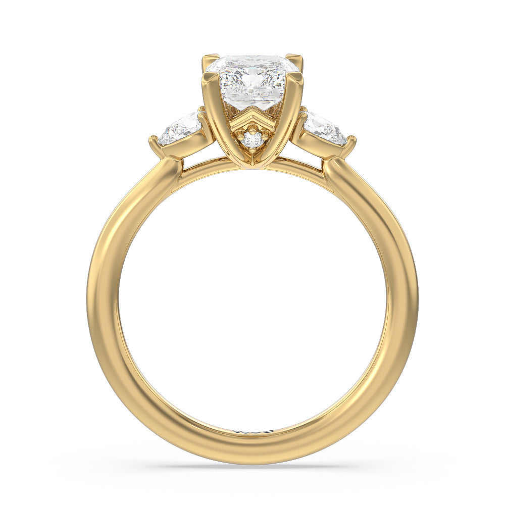 Fine Line Pear Three Stone Engagement Ring with Radiant Cut Diamond in 14KT Yellow Gold view 2